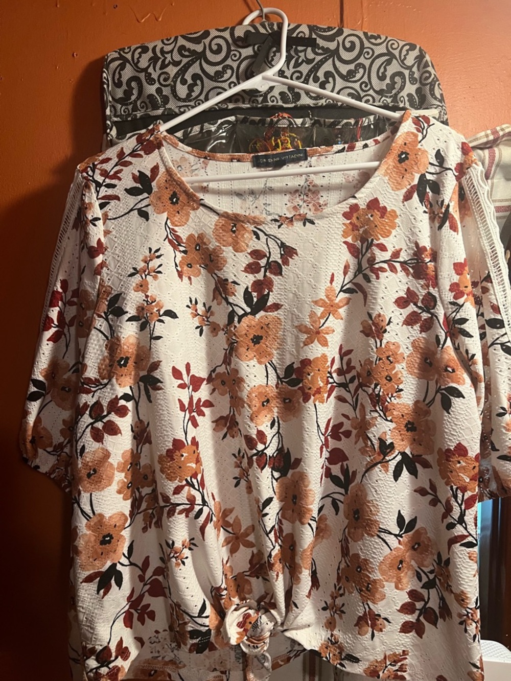 Textured White Floral Tie-Front Blouse with Rust Accents